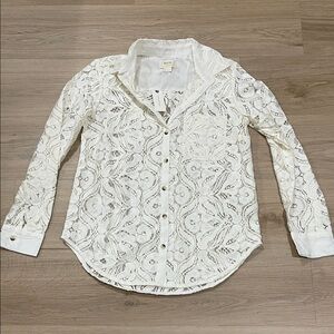 Anthropologie White Lace Button Down Shirt